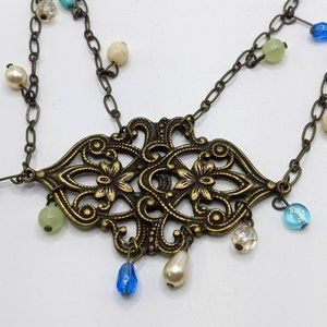 Rachel Roy Boho Art Deco Filigree‎ Style Statement Necklace Bronze Tone Beads